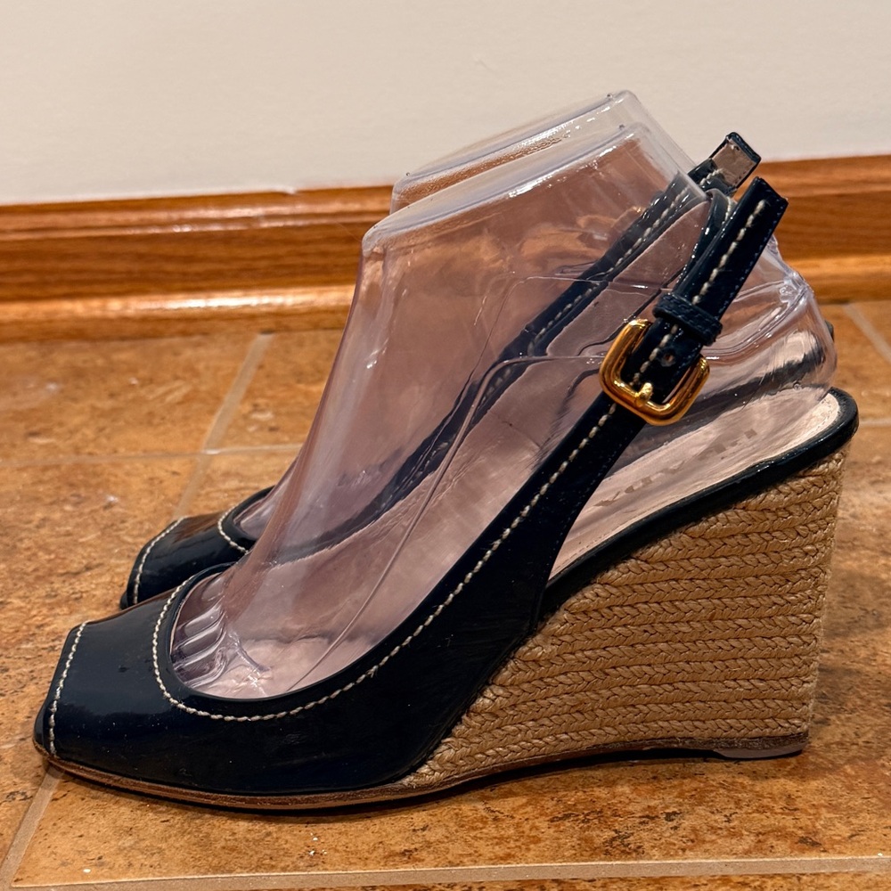 Prada Black‎ Patent Leather Peep Toe Espadrille Wedge Pumps Size 37 - Picture 6 of 14